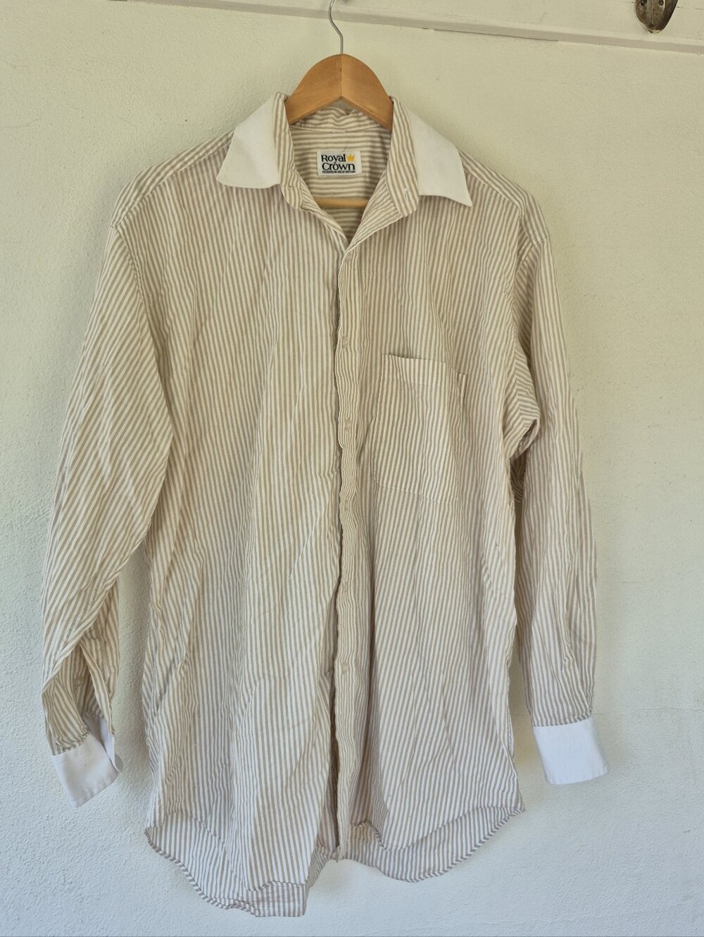 Cotton Royal Crown Vintage Mens Shirt Large Stripes With White Collar / Cuffs